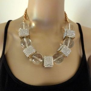 QUEEN CROWN SIGNED POOLS LIGHT RHINESTONE NECKLACE